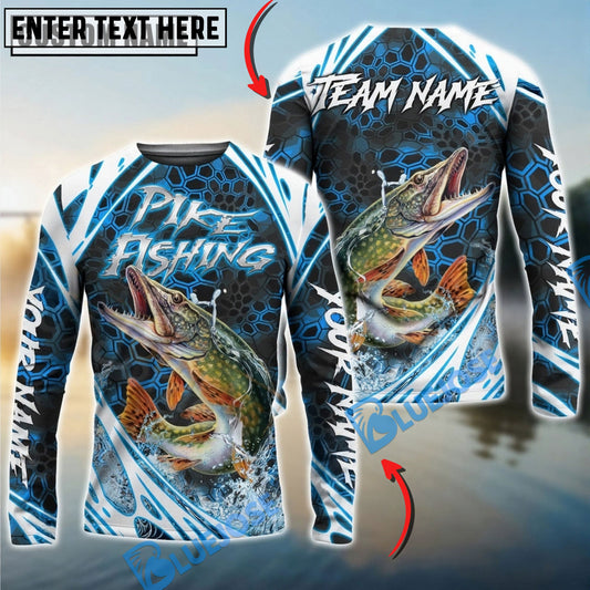 Bluejose Pike Fishing Modern Hexagon Water Splash Custom Name & Team Name 3D Shirts