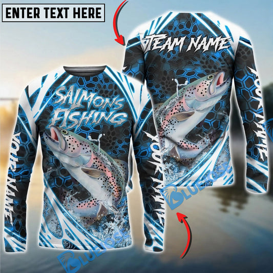Bluejose Salmon Fishing Modern Hexagon Water Splash Custom Name & Team Name 3D Shirts