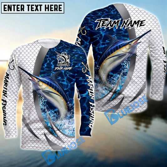 Bluejose Marlin Silver Scale Pattern Realistic Jumping Fish Water Splash Custom Name & Team Name 3D Shirts