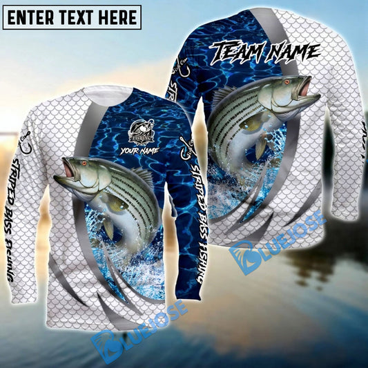 Bluejose Striped Bass Silver Scale Pattern Realistic Jumping Fish Water Splash Custom Name & Team Name 3D Shirts