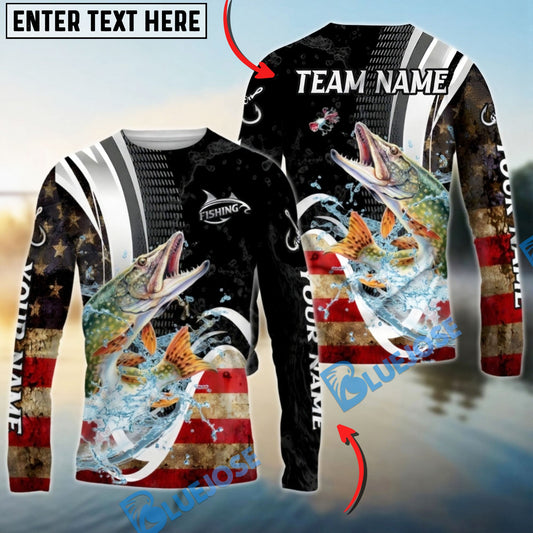 Bluejose Pike Fishing American Flag Splash Art Custom Name & Team Name 3D Shirts
