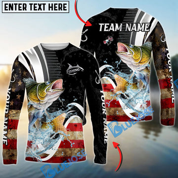 Bluejose Walleye Fishing American Flag Splash Art Custom Name & Team Name 3D Shirts