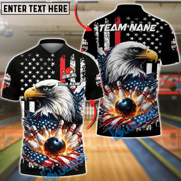 BlueJose Bowling & Pins American Flag Eagle Strike Explosion Customized Name, Team Name 3D Shirt (4 Colors)
