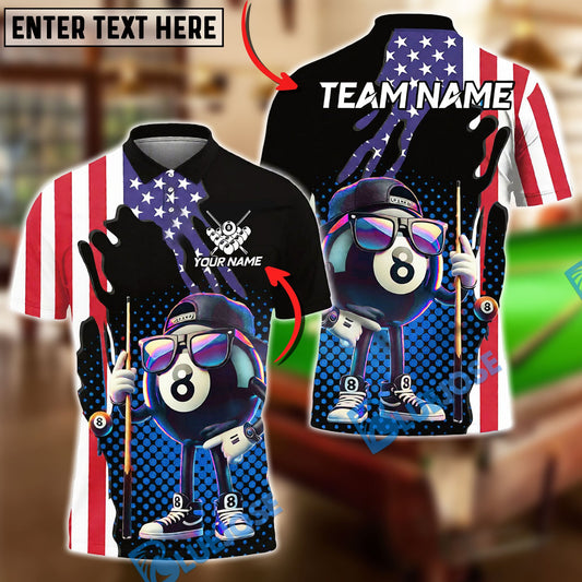 BlueJose Billiards 8-Ball Street Style USA Flag Customized Name, Team Name 3D Shirt (4 Colors)