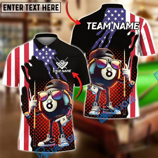 BlueJose Billiards 8-Ball Street Style USA Flag Customized Name, Team Name 3D Shirt (4 Colors)