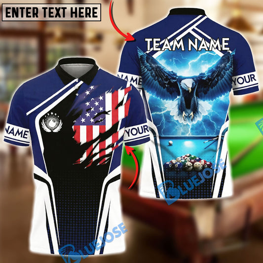 BlueJose Billiards 8-Ball Patriotic Eagle Lightning Design Customized Name, Team Name 3D Shirt (4 Colors)