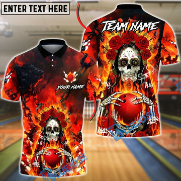 BlueJose Bowling & Pins Fiery Sugar Skull Rose Flame Gothic Team Style Customized Name, Team Name 3D Shirt (4 Colors)