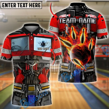 BlueJose Bowling Red Mecha Armor Flaming Bowling Ball Personalized Name, Team Name 3D Shirt