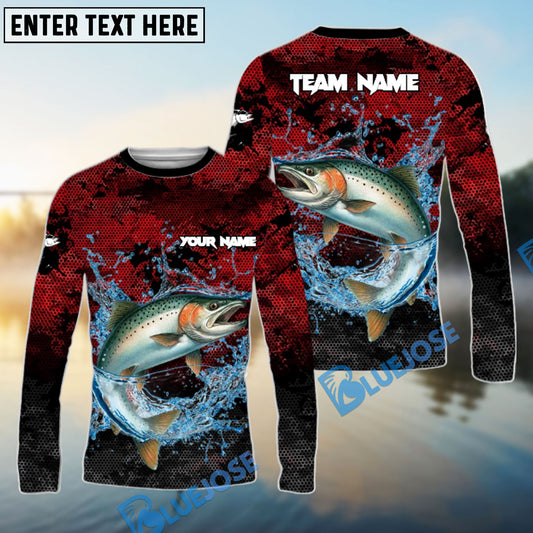 Bluejose Salmon Fishing Red Grunge Camo Design Name & Team Name 3D Shirts