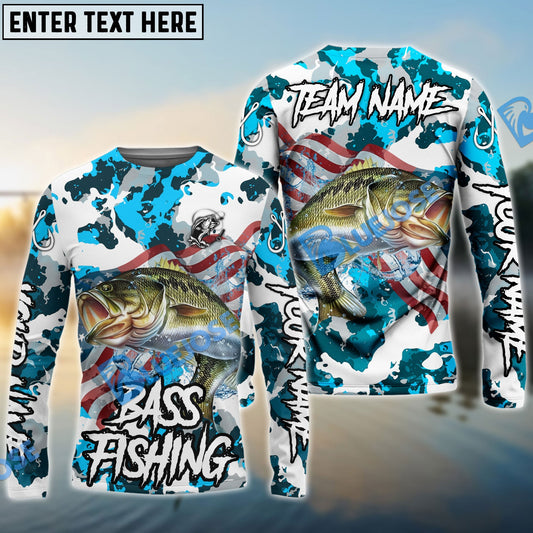 Bluejose Bass Fishing American Flag Light Blue Camo Custom Name & Team Name 3D Shirts