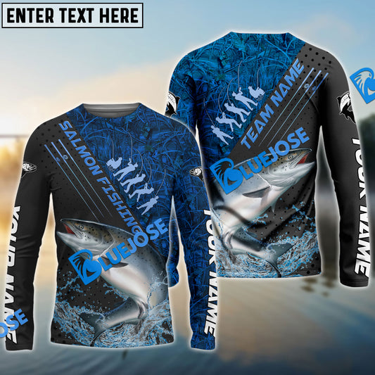 Bluejose Salmon Fishing Blue Camo Sport Rod Custom Name & Team Name 3D Shirts