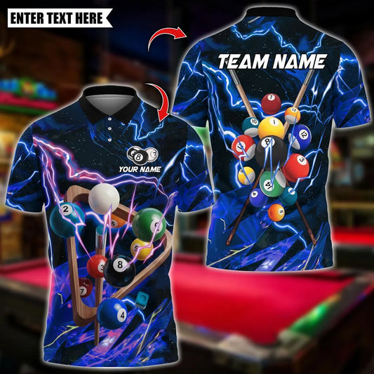 BlueJose Billiards 8 Ball Thunder Lightning Balls Design Personalized Name Shirt (4 Colors)