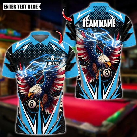 BlueJose Billiards Ball 8 Lightning Eagle USA Flag Personalized Name Shirt (4 Colors)