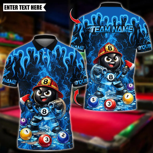 BlueJose Billiards Ball 8 Firefighter Flame Design Personalized Name Shirt (4 Colors)