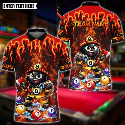 BlueJose Billiards Ball 8 Firefighter Flame Design Personalized Name Shirt (4 Colors)