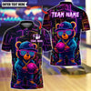 BlueJose Bowling And Pins Neon Graffiti Teddy Bear Design Customized Name, Team Name 3D Shirt (4 Colors)