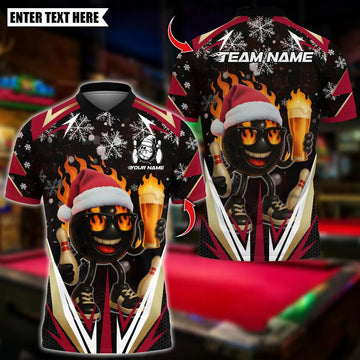 BlueJose Bowling And Pins Santa Fire Strike With Beer Design Customized Name, Team Name 3D Shirt (4 Colors)