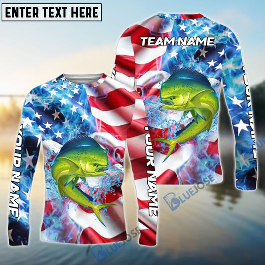 Bluejose Mahi mahi Fishing American Flag Patriot Catch Design Name & Team Name 3D Shirts