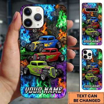 BlueJose Hot Rod T Bucket Blue Red Green Coupes Neon Flames Blueprint Personalized Phone Case
