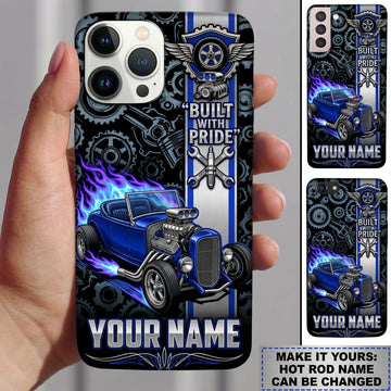 BlueJose Hot Rod T Bucket Built With Pride Blue Roadster Gears Purple Flames Personalized Phone Case