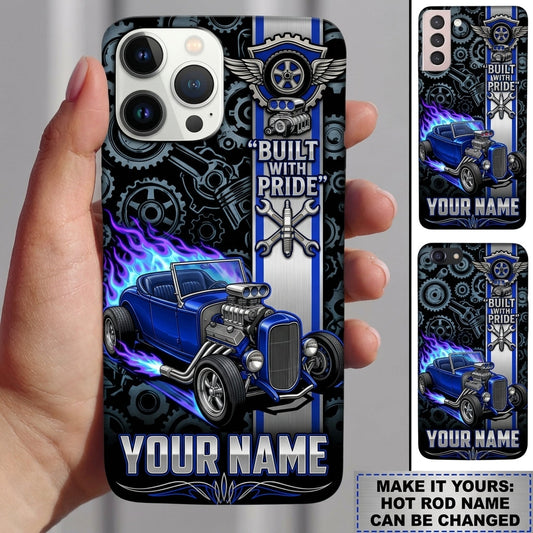BlueJose Hot Rod T Bucket Built With Pride Blue Roadster Gears Purple Flames Personalized Phone Case