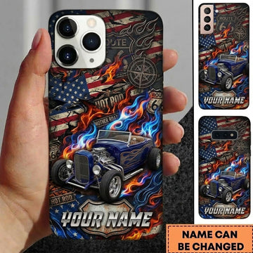 BlueJose Hot Rod T Bucket Blue Roadster American Flag Blue Orange Flames Route 66 Personalized Phone Case
