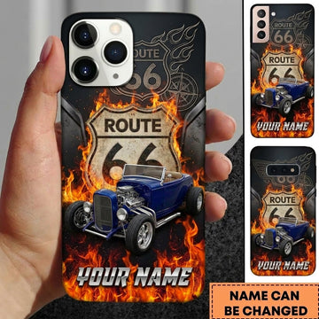 BlueJose Hot Rod T Bucket Route 66 Blue Roadster Orange Flames Fire Personalized Phone Case