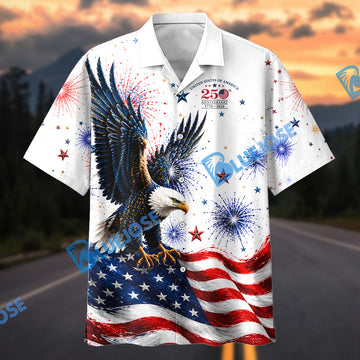 Bluejose 100 Years of Route 66 & America 250th Anniversary Classic Red Mustang Patriotic White Hawaiian Shirt