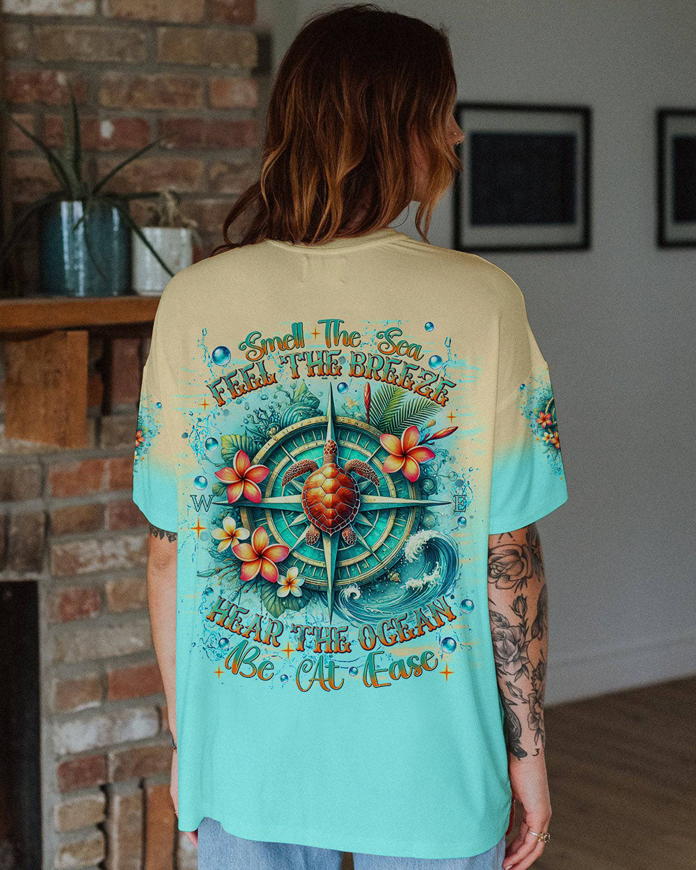 SMELL THE SEA FEEL THE BREEZE TURTLE COMPASS ALL OVER PRINT - TLNT1702251