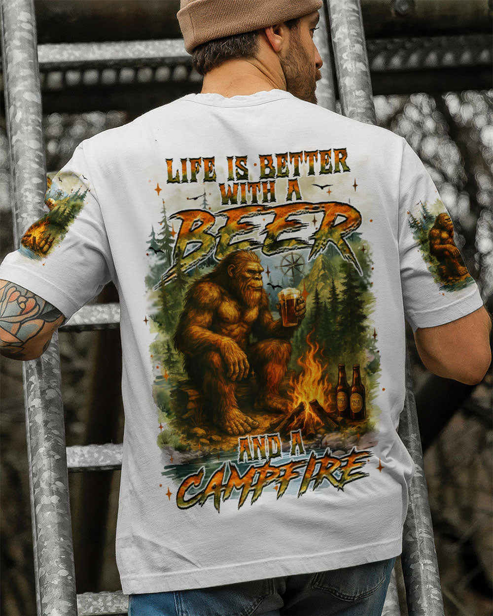 LIFE IS BETTER WITH A BEER AND A CAMPFIRE BIGFOOT ALL OVER PRINT - YHHN1009252