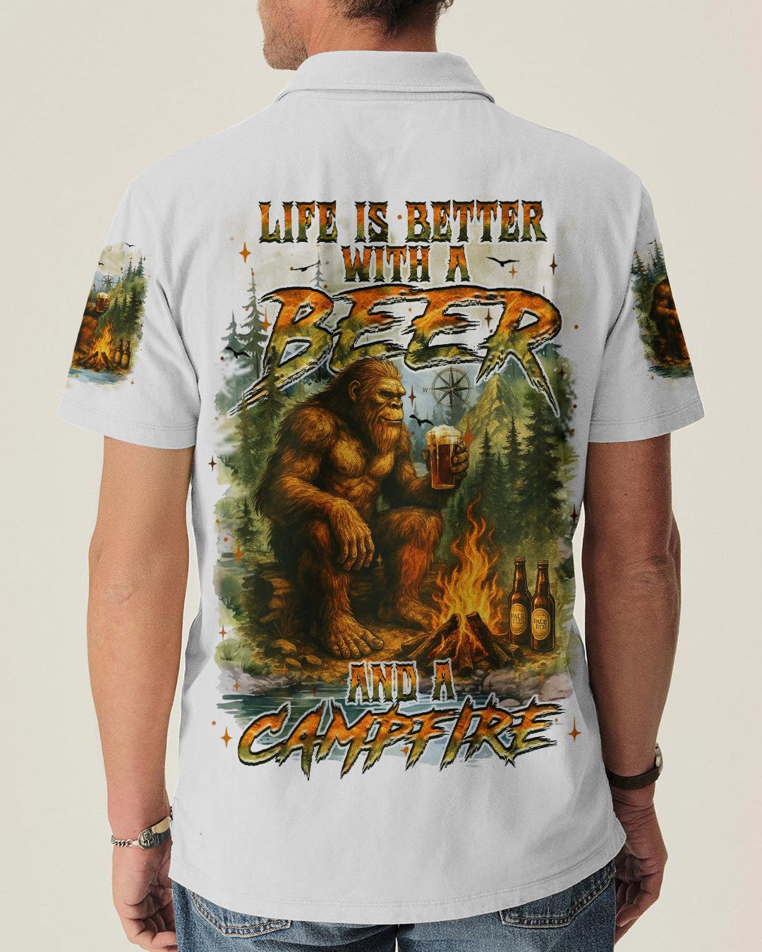 LIFE IS BETTER WITH A BEER AND A CAMPFIRE BIGFOOT ALL OVER PRINT - YHHN1009252