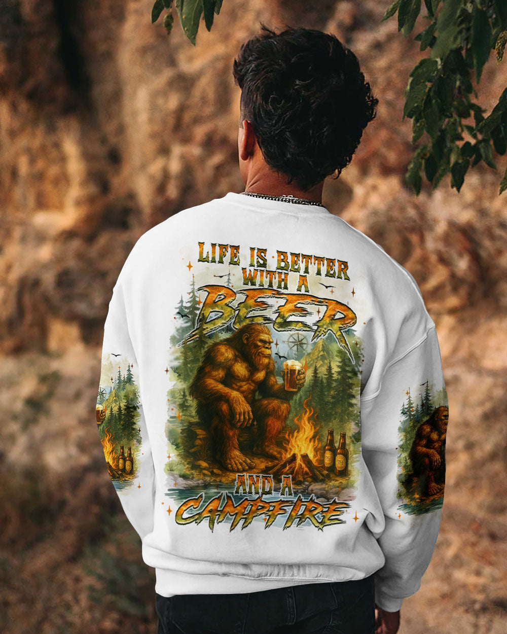 LIFE IS BETTER WITH A BEER AND A CAMPFIRE BIGFOOT ALL OVER PRINT - YHHN1009252