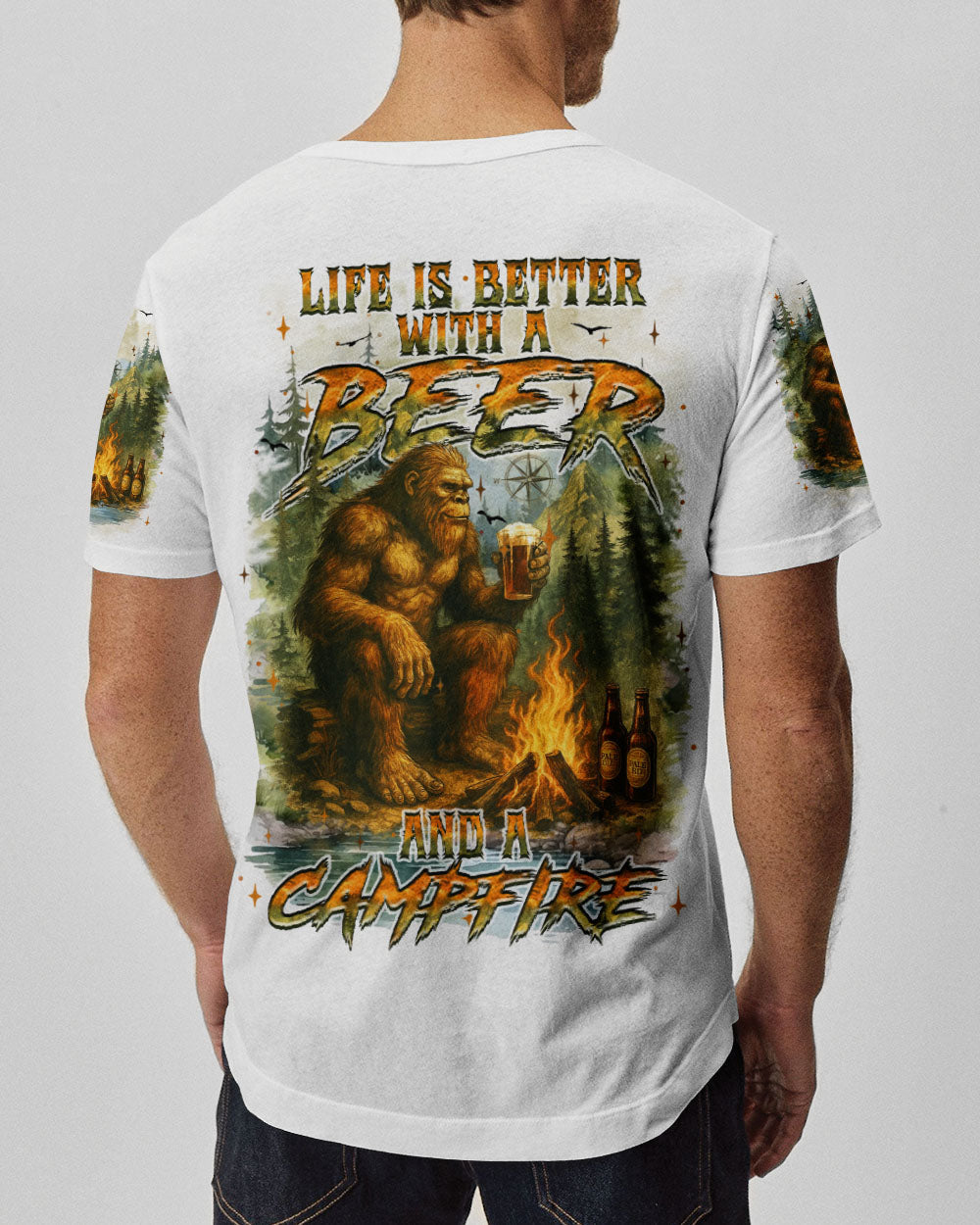 LIFE IS BETTER WITH A BEER AND A CAMPFIRE BIGFOOT ALL OVER PRINT - YHHN1009252
