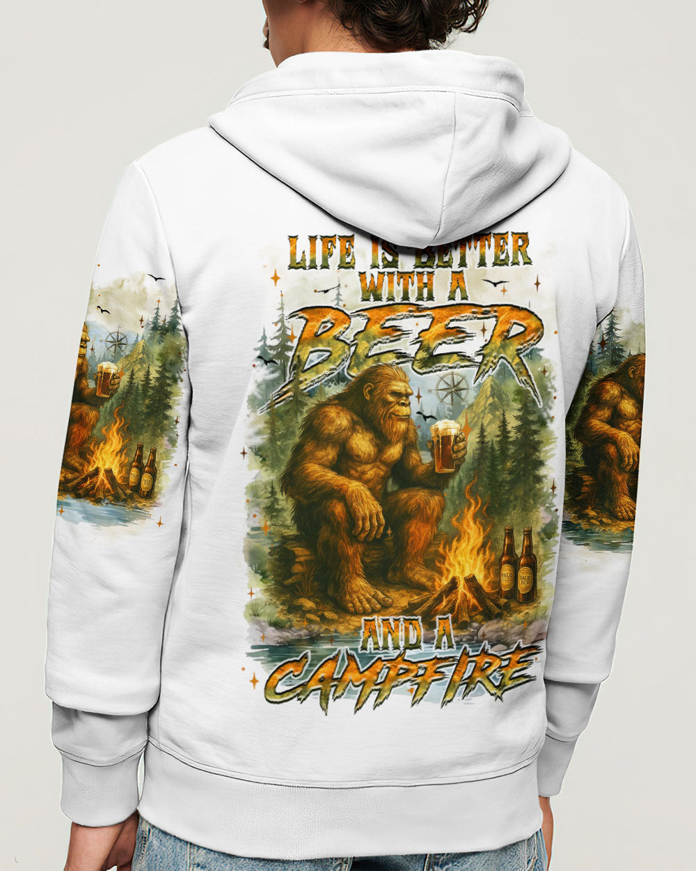 LIFE IS BETTER WITH A BEER AND A CAMPFIRE BIGFOOT ALL OVER PRINT - YHHN1009252
