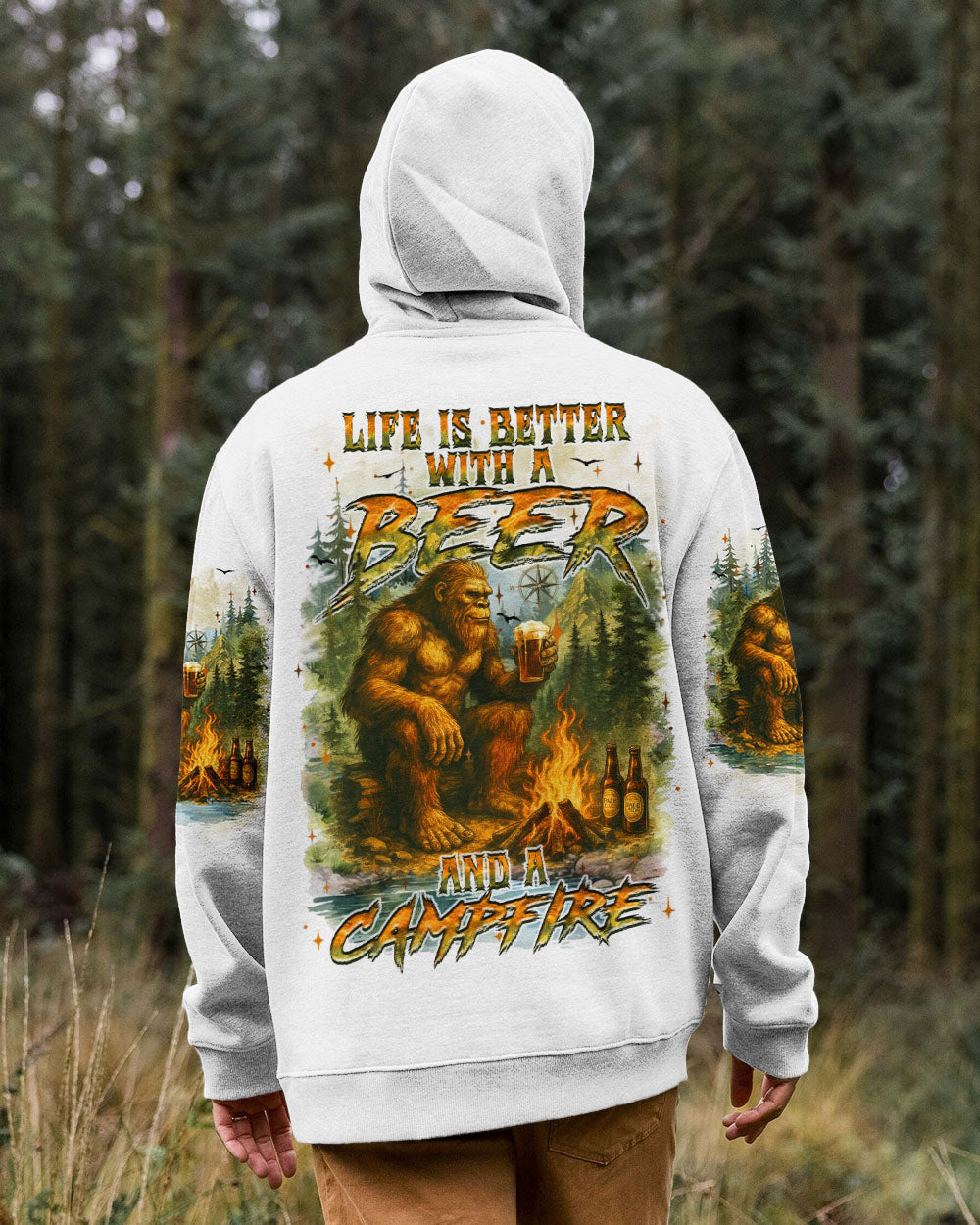 LIFE IS BETTER WITH A BEER AND A CAMPFIRE BIGFOOT ALL OVER PRINT - YHHN1009252