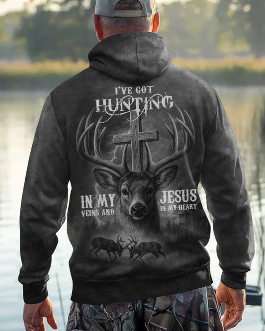 BlueJose I've Got Hunting In My Veins And Jesus In My Heart Black Shirt, Personalized Hunting 3D Shirt