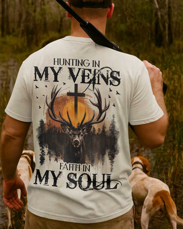 BlueJose Hunting In My Veins Faith In My Soul Shirt, Personalized Hunting 3D Shirt