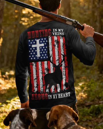 BlueJose Hunting In My Veins Jesus In My Heart Shirt, Personalized Hunting 3D Shirt