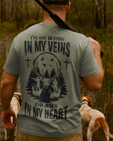 BlueJose I've Got Hunting In My Veins And Jesus In My Heart, Personalized Hunting 3D Shirt