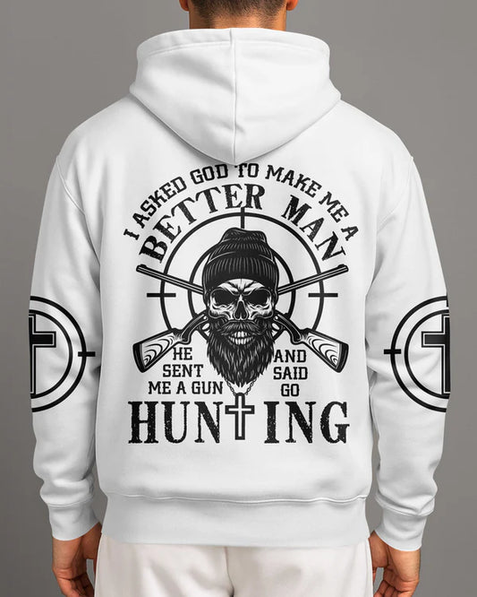 BlueJose I Asked God To Make Me A Better Man He Sent Me A Gun And Said Go Hunting Shirt, Personalized Hunting 3D Shirt