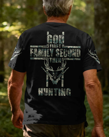 BlueJose God First Family Second Then Hunting 3D Shirt, Personalized Hunting 3D Shirt