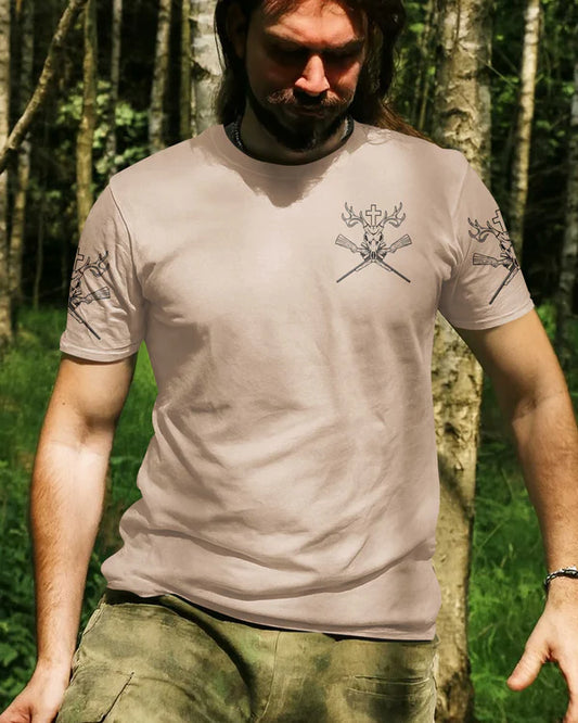 BlueJose Never Underestimate An Old Man Who Believe In Jesus And Love Hunting Shirt, Personalized Hunting 3D Shirt - Beige