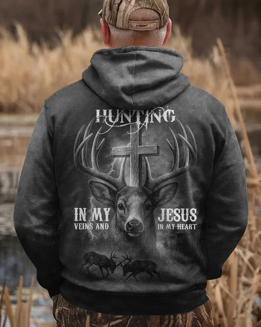 BlueJose I've Got Hunting In My Veins And Jesus In My Heart Black Shirt, Personalized Hunting 3D Shirt