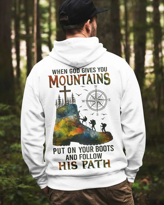 BlueJose When God Gives You Mountains Personalized Hiking Shirt - White