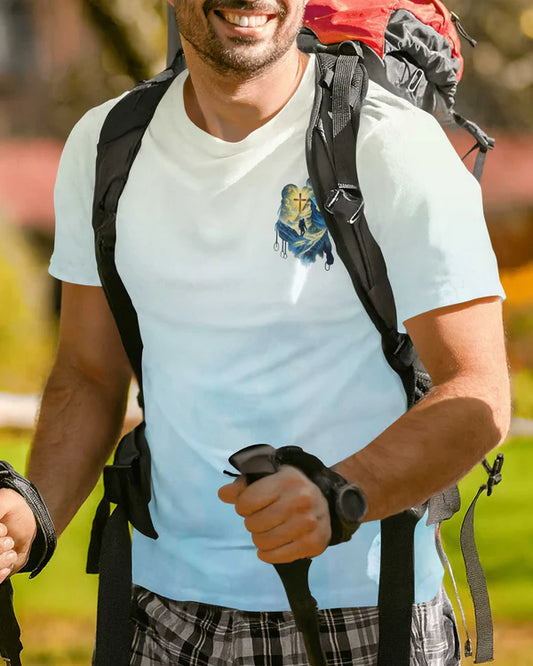 BlueJose When The Climb Gets Steep His Cross Lights The Way Personalized Hiking 3D Shirt