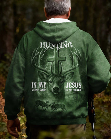 BlueJose I've Got Hunting In My Veins And Jesus In My Heart Green Shirt, Personalized Hunting 3D Shirt