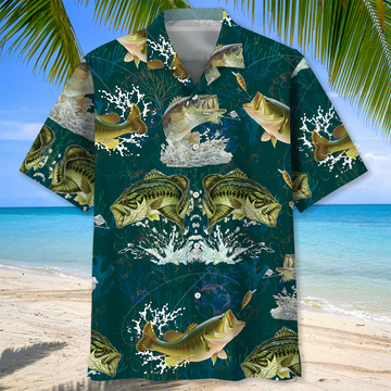 BlueJose Bass Fish Dark Green Fishing Hawaiian Shirt