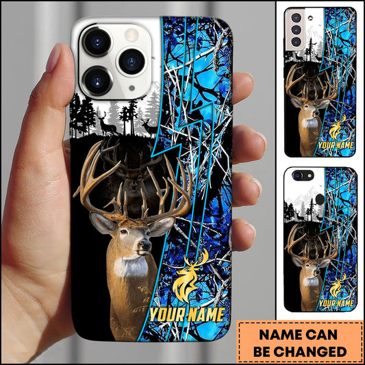 BlueJose Hunting Phone Case Whitetail Deer Lightning Split Forest Camo Art Personalized Name Phone Case (4 colors)