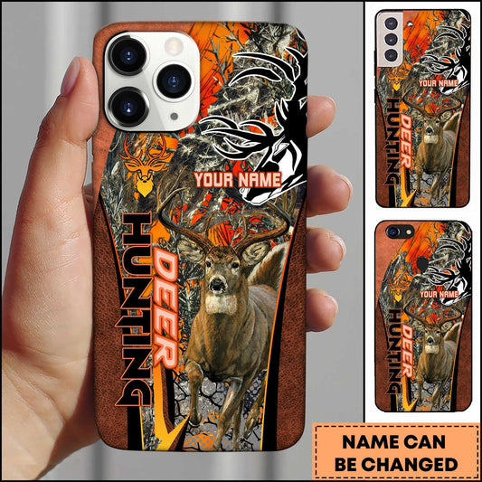BlueJose Hunting Phone Case Running Whitetail Deer Vertical Typography Leather Camo Design Personalized Name Phone Case (4 colors)
