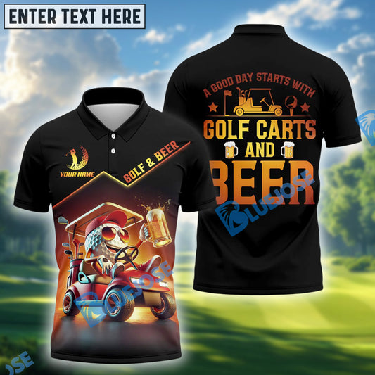 BlueJose A Good Day Starts With Golf Carts And Beer Funny Golf Shirt, Custom Name & Team Name 3D Shirts